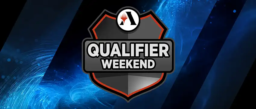 Schild-Logo des Qualifier-Wochenendes vor einem Hintergrund mit blauen Funken