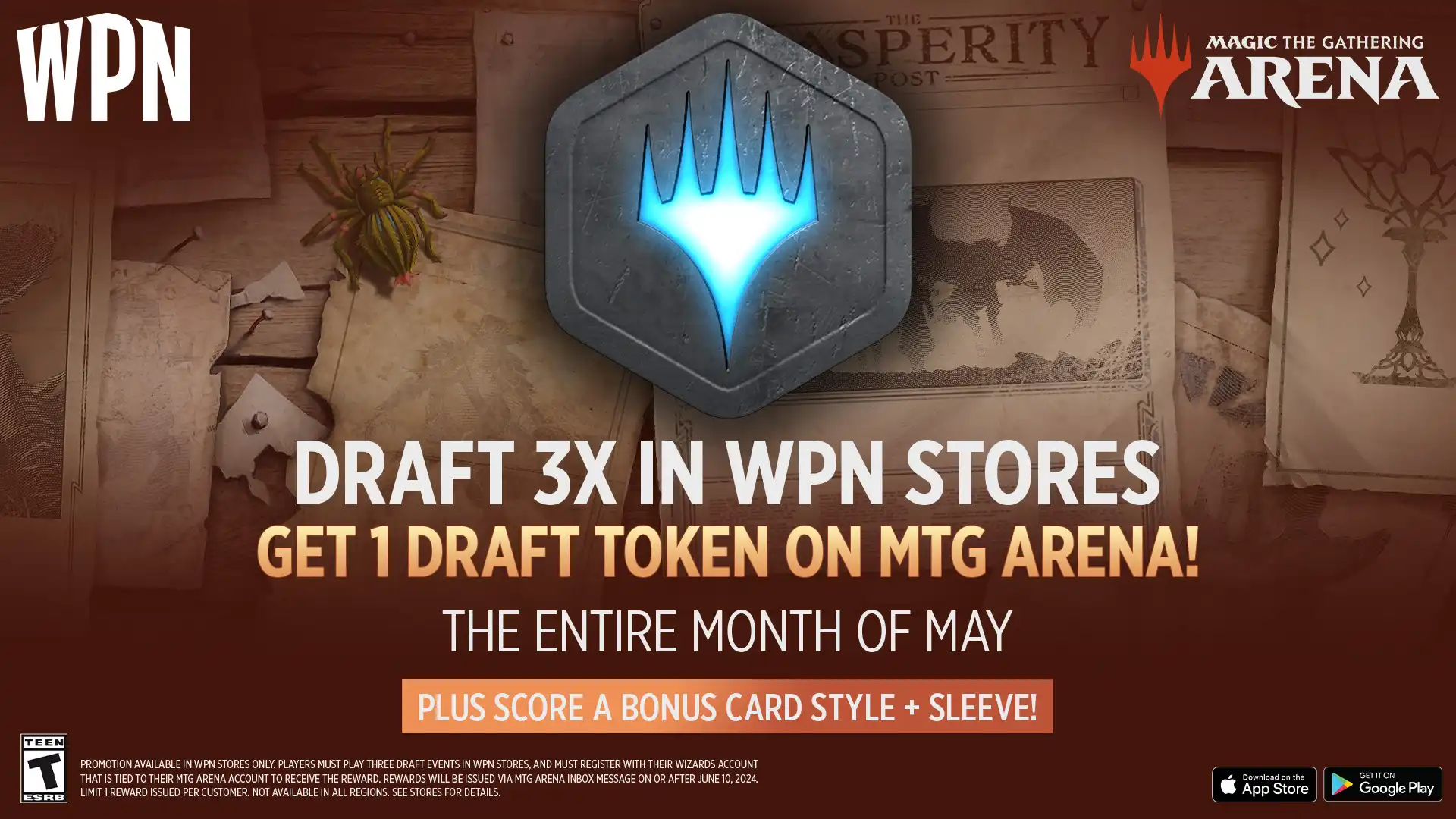 Draft 3x in WPN Stores, get 1 Draft token on MTG Arena the entire month of May, plus score a bonus card style + sleeve