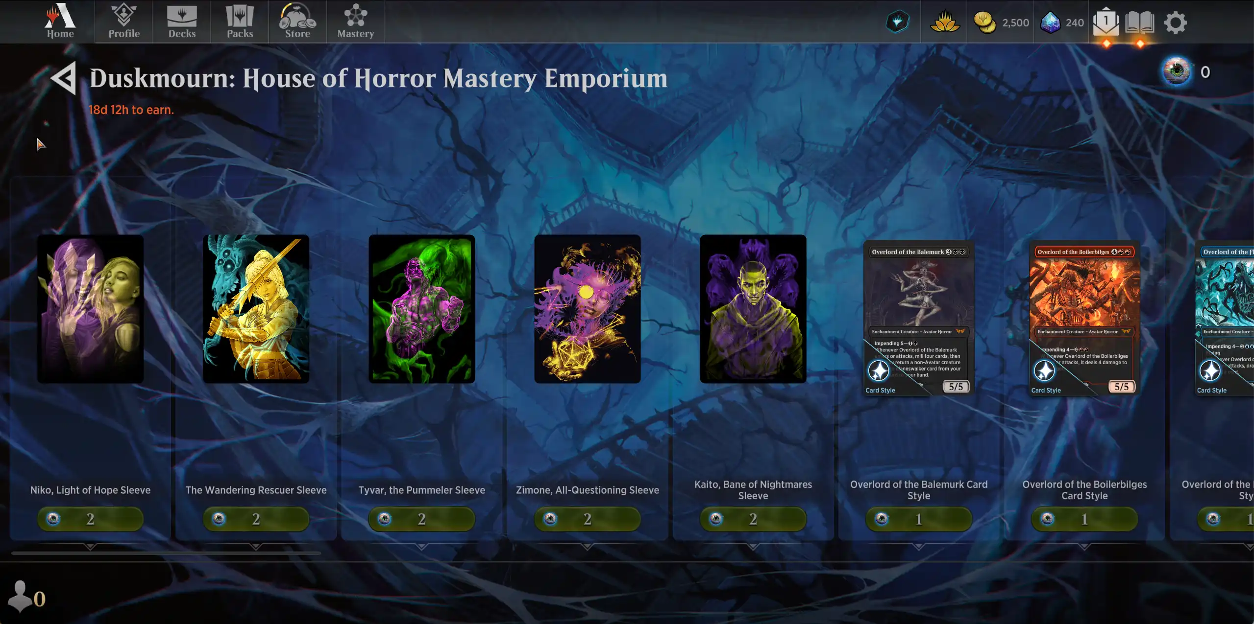 Screenshot of the Duskmourn: House of Horror Mastery emporium, showing sleeves and card styles available for Mastery Orb purchase