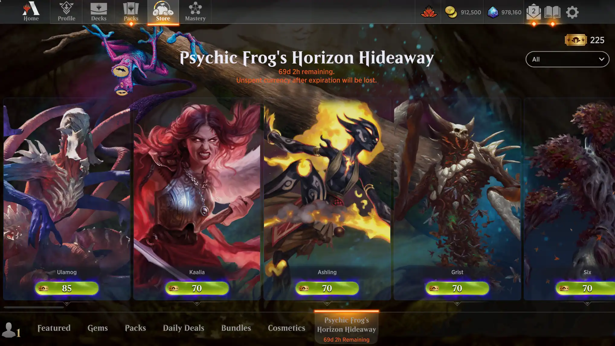 Screenshot of the unlocked Psychic Frog's Horizon Hideaway MTG Arena Store tab with avatars shown of Ulamog, Kaalia, Ashling, Grist, and Six