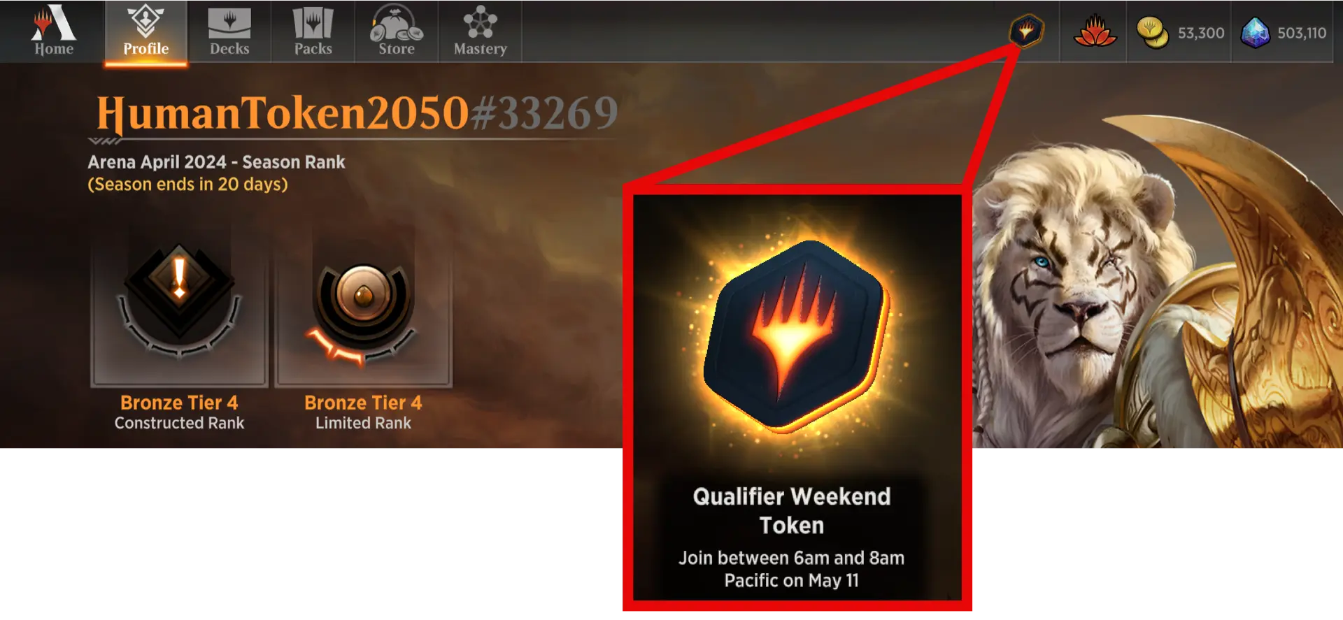 MTG Arena season rank with token image in the top menu bar illustrated with an inset of Qualifier Weekend token