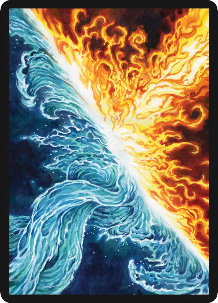 Card sleeve showing two streams of energy, one blue and one red, colliding and spraying outward along a diagonal line, neither allowing the power of the other to cross that line