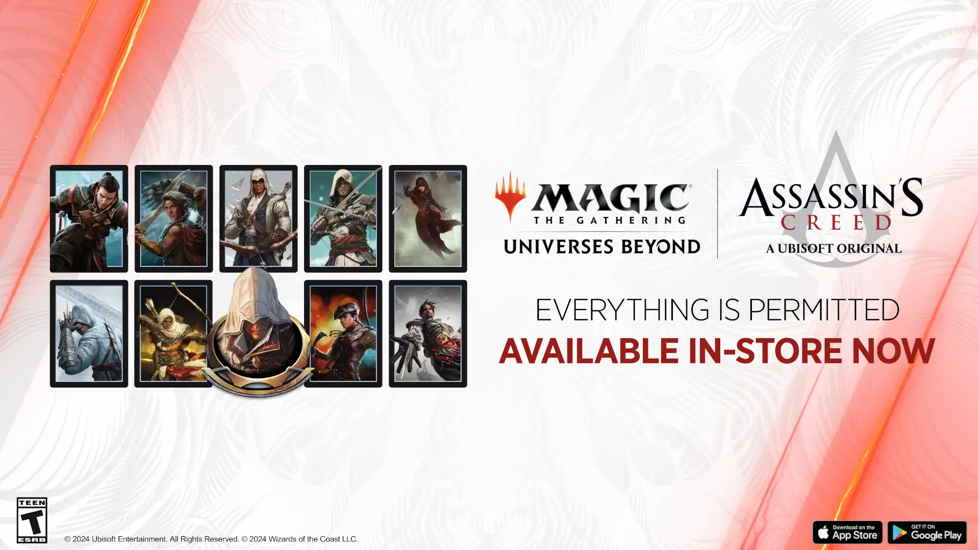 Nine Assassin's Creed sleeves and MTG Arena avatar with the text, Everything Is Permitted, Available In-Store Now