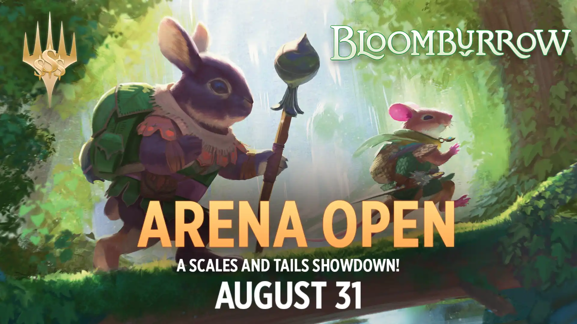 A rabbit and a mouse carrying packs adventure through the forest, traversing a fallen tree, with the text Arena Open, a scales and tails showdown! August 31