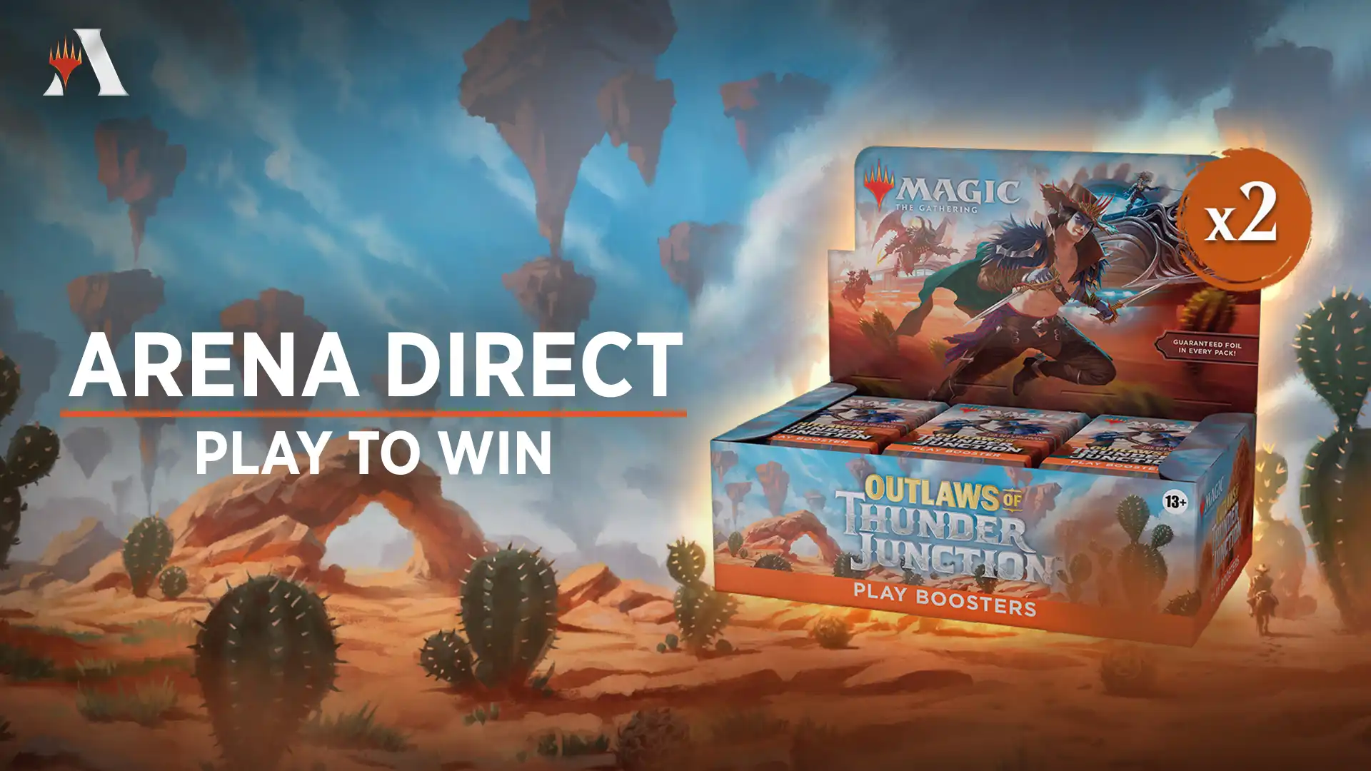 Fantasy desert scene with cacti and floating stone platforms in the background, an Outlaws of Thunder Junction Play Booster box in the foreground