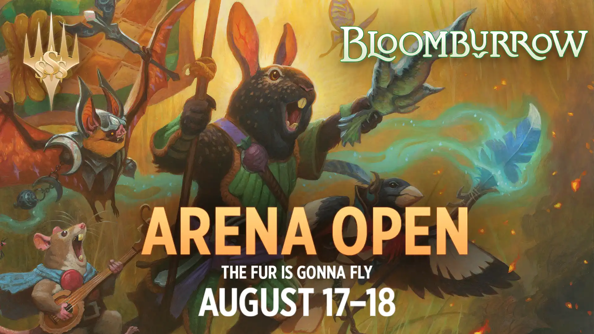 A rabbitfolk wielding a carrot sword thrust out ahead leads a band of animalfolk including a mousefolk bard with a lute, a batfolk cleric with a crescent shaped mace, and a birdfolk warrior with a spear, with the text Arena Open, the fur is gonna fly August 17–18