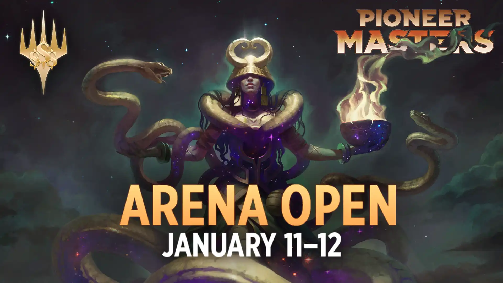 Arena Open: Pioneer Masters, January 11–12, Pharika, God of Affliction card art depicting the god, Pharika, entwined with two giant snakes, wearing a curled-horn helmet, and holding a glowing and smoking brazier.