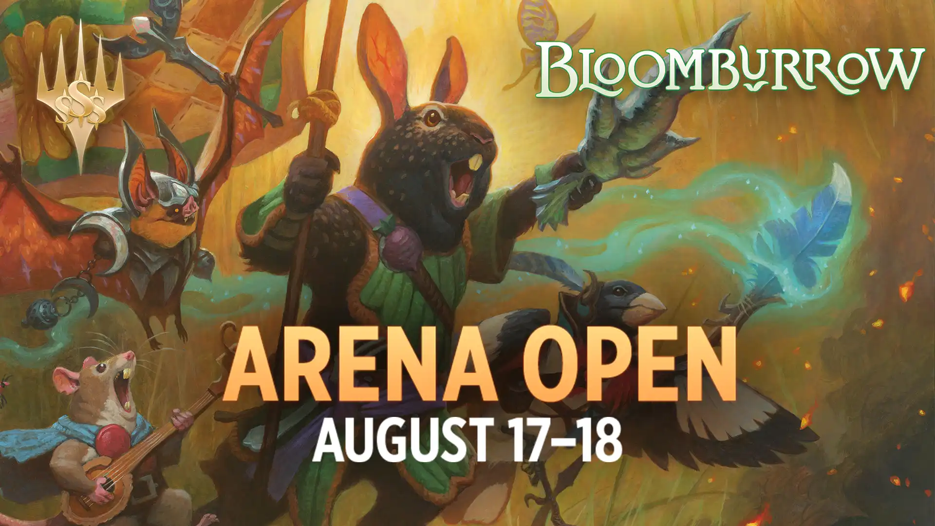 A rabbitfolk wielding a carrot sword thrust out ahead leads a band of animalfolk including a mousefolk bard with a lute, a batfolk cleric with a crescent shaped mace, and a birdfolk warrior with a spear, with the text Arena Open, August 17–18