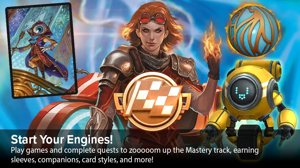 Aetherdrift Set Mastery and Mastery Pass in MTG Arena with text, Start Your Engines! Play games and complete quests to zooooom up the Mastery track, earning sleeves, companions, card styles, and more.