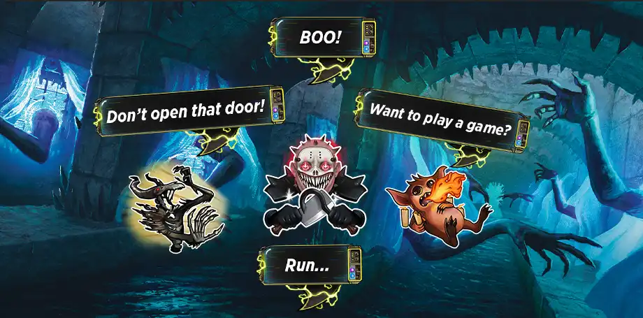 Sampling of Duskmourn: House of Horror phrases and stickers available in the MTG Arena Store