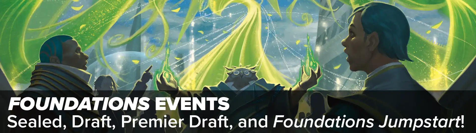 Foundations Events, Sealed, Draft, Premier Draft, and Foundations Jumpstart! A humanoid owl creates green magical swirls in the sky before an impressed audience, card art for Genesis Wave, art by Arif Wijaya