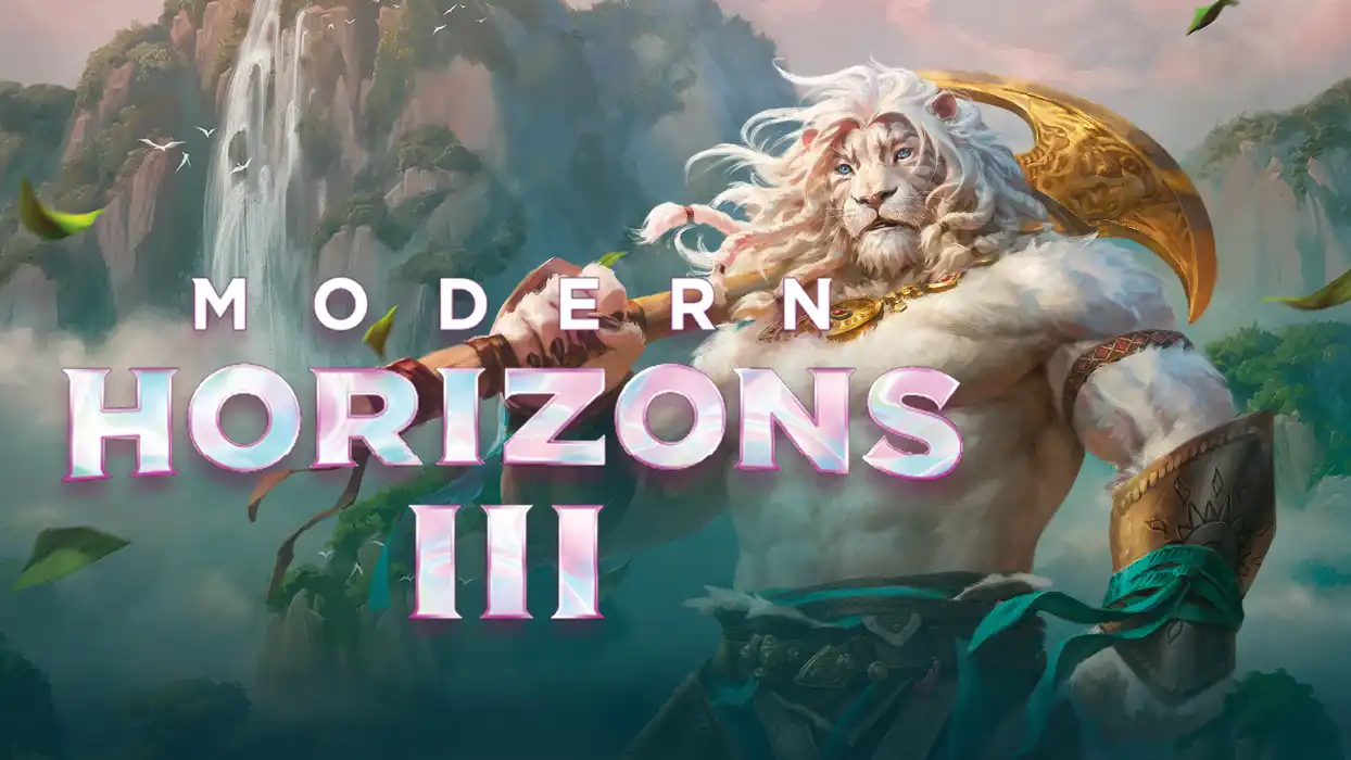 Modern Horizons 3 logo with bare-chested leonin warrior with an axe hefted to his shoulder