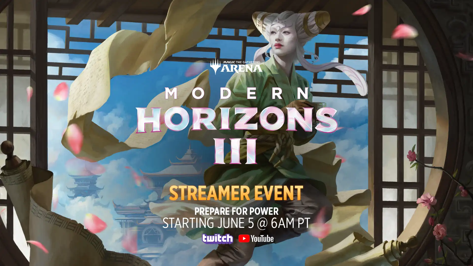 Artwork of Tamiyo floating through a window with scrolls unspooling and floating around her, with the text: Modern Horizons 3 Streamer Event starting June 5 at 6 a.m. PT on Twitch and YouTube