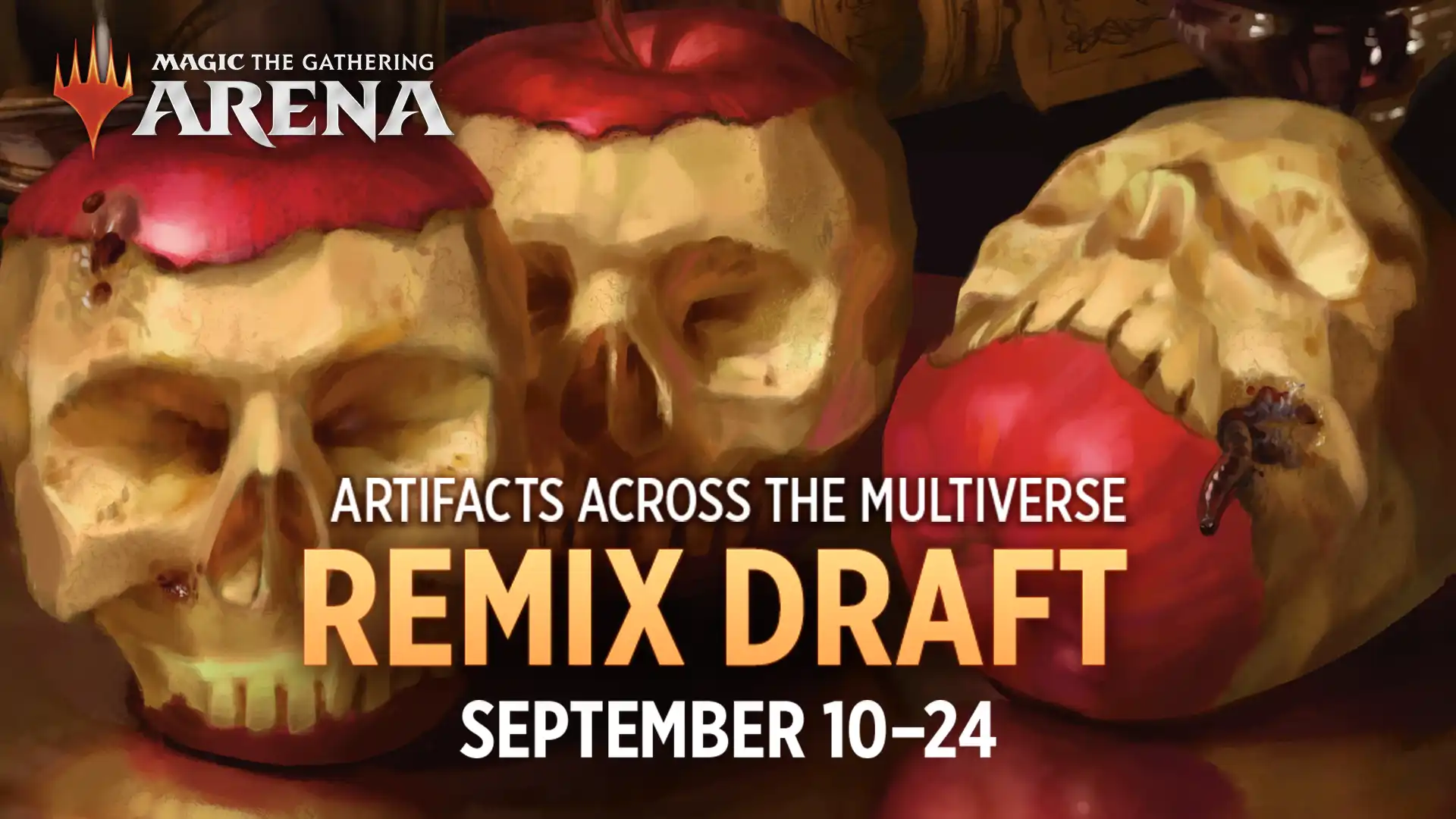 Apples carved to look like skulls with the text, Artifacts across the Multiverse, Remix Draft, September 10–24