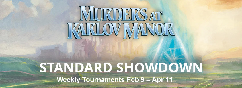 An opened Omenpath, appearing as a huge triangular portal of blue light on a plain with a city-like structure blurred in the background and the text, Murders at Karlov Manor Standard Showdown Weekly Tournaments Feb 9–Apr 11