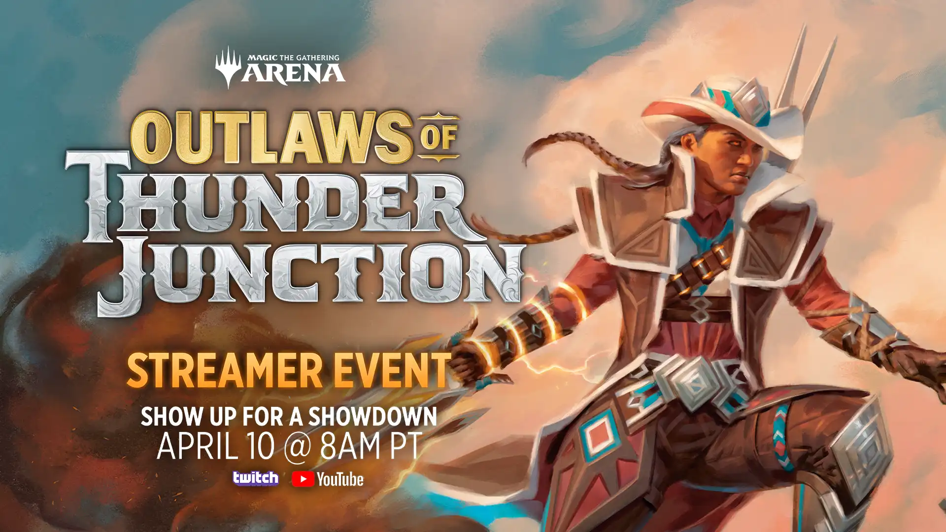 A bare-chested Oko in his fedora looks out toward the audience beside the text: Outlaws of Thunder Junction Streamer Event, show up for a showdown, April 10 at 8 a.m. PT