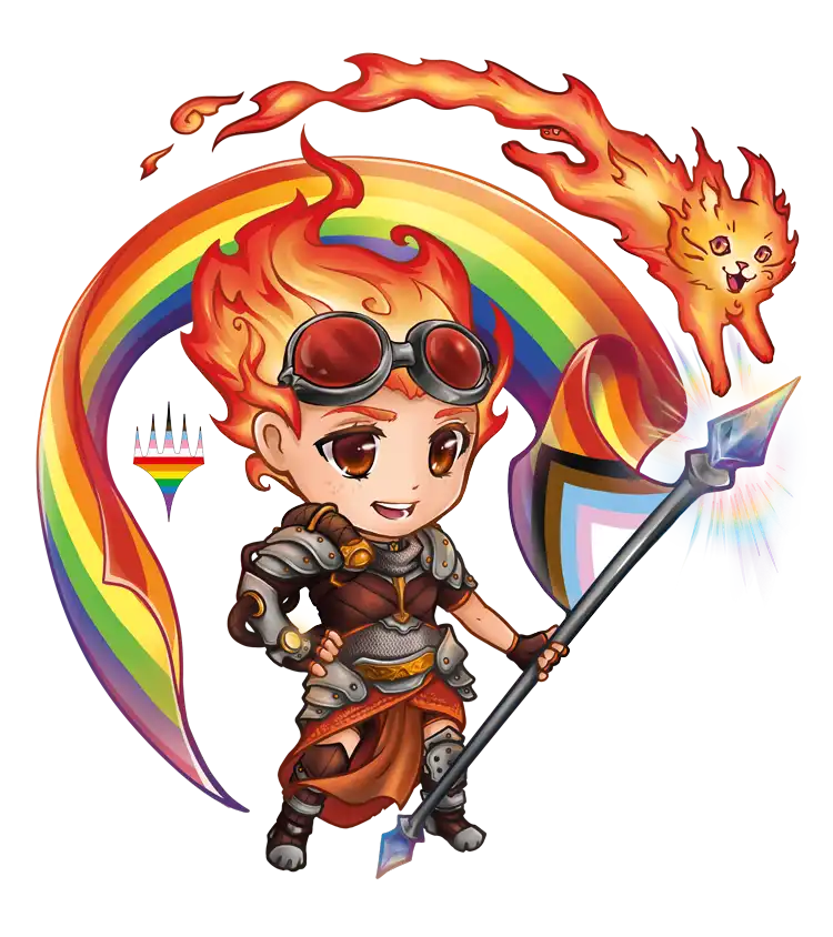 Cute Chandra in a chibi-like art style, holding a spear with the LGBTQ+ flag and a flaming Embercat jumping over her