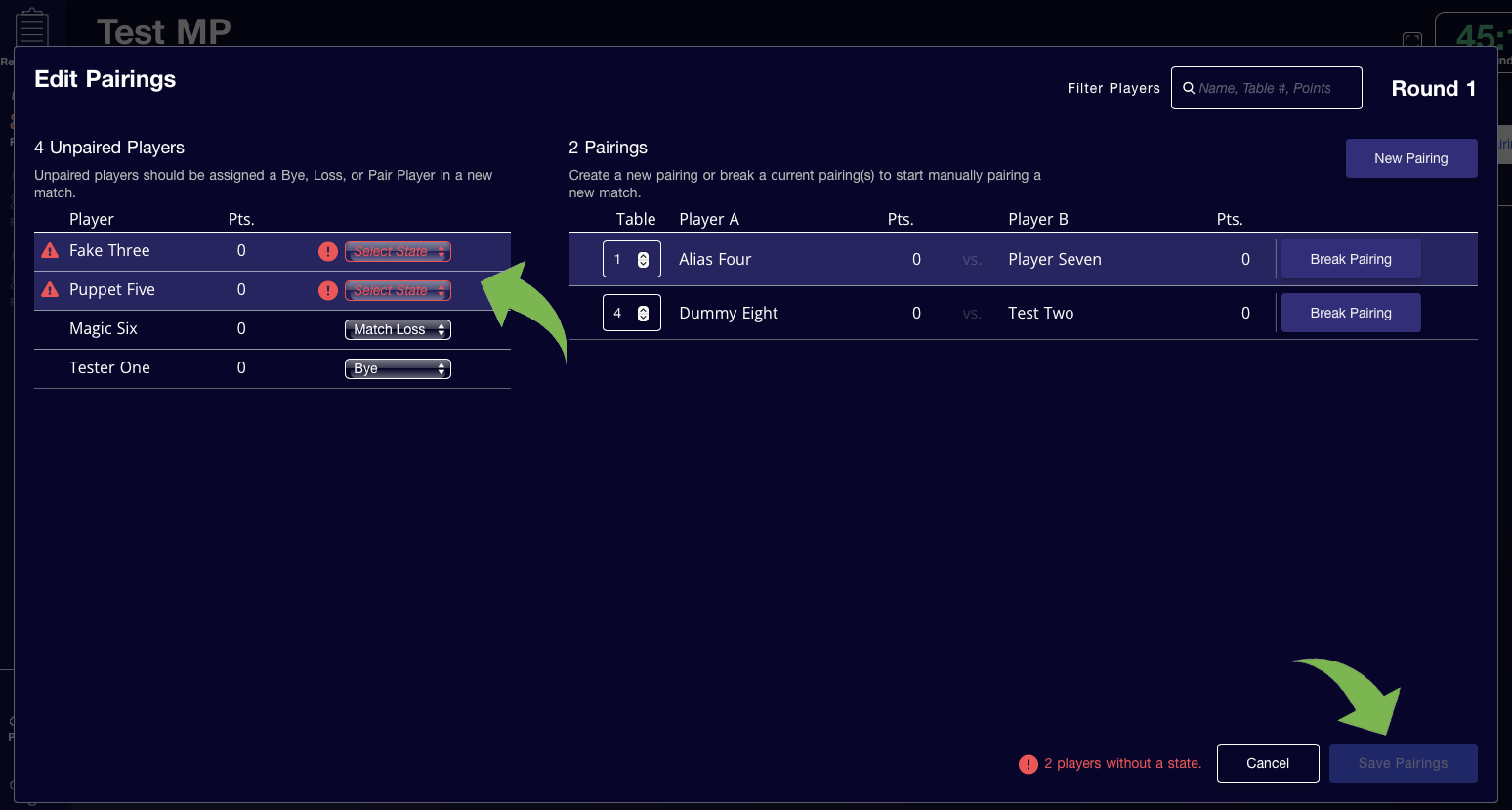 A screenshot of a test EventLink store showing the Edit Pairings menu