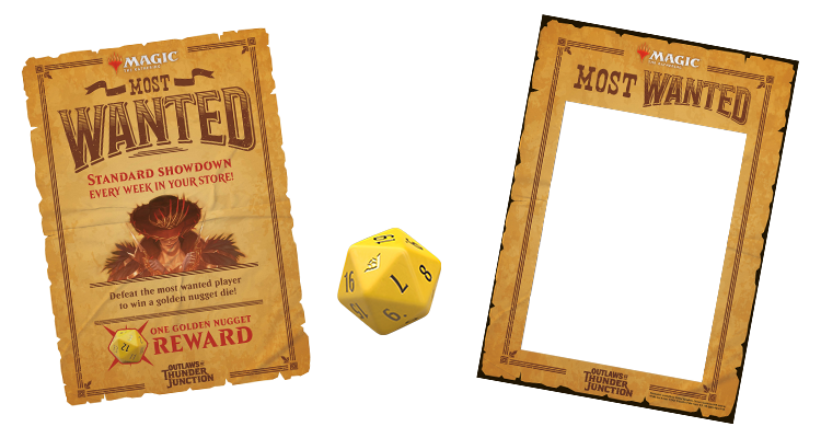 OTJ Standard Showdown Most Wanted poster/standee, frame, and yellow d20 Spindown die