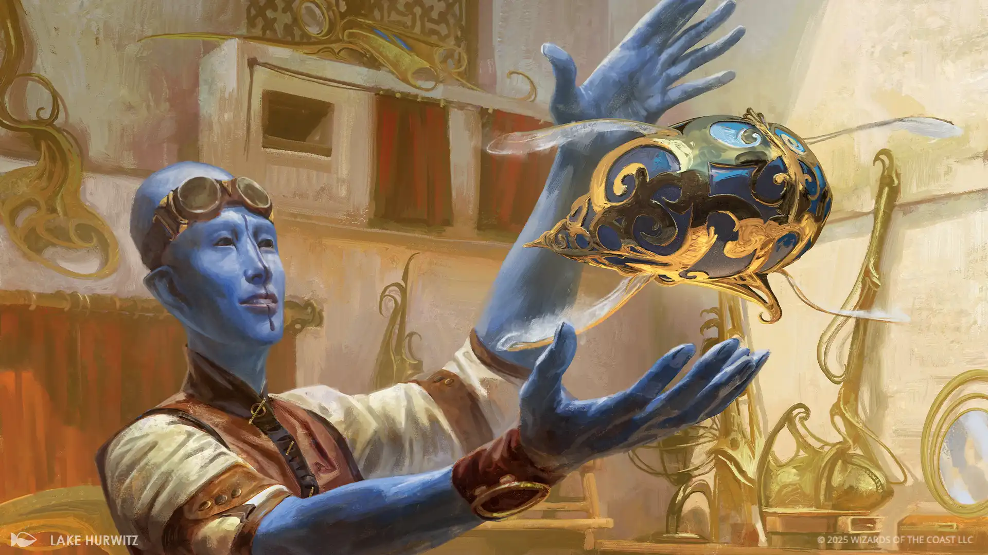 Card art for Whirler Virtuoso, showing a blue-skinned mechanic revealing their latest thopter.