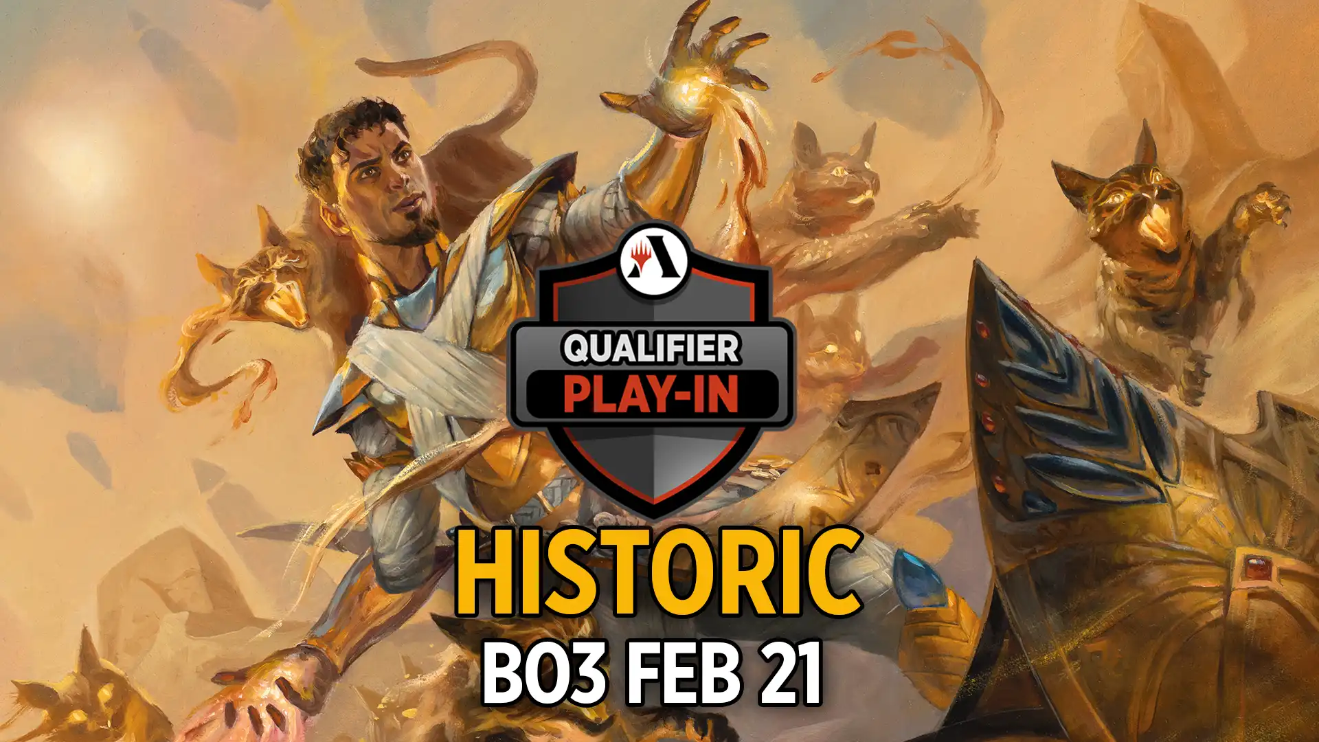 Card art for Basri, Tomorrow's Champion, showing Basri in a fighting stance controlling ferocious cats made of sand, with text: Historic Bo3 February 21