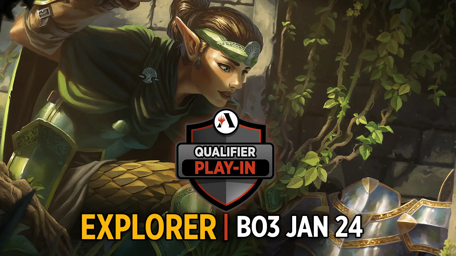 Qualifier Play-In Best-of-Three Explorer, January 24, with card are for Gladecover Scout, showing an Elf scout discovering platemail armor in the forest next to an overgrown stone wall