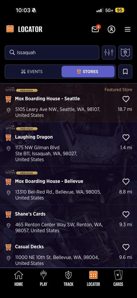 Mobile screenshot showing the Locator tab for search results within the Wizards Companion app