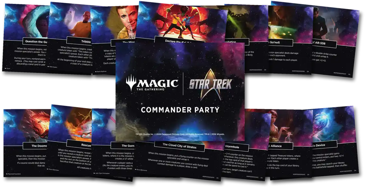 Missions Deck cards spread out in a table display with cards overlapping and the Commander Party back image in the center