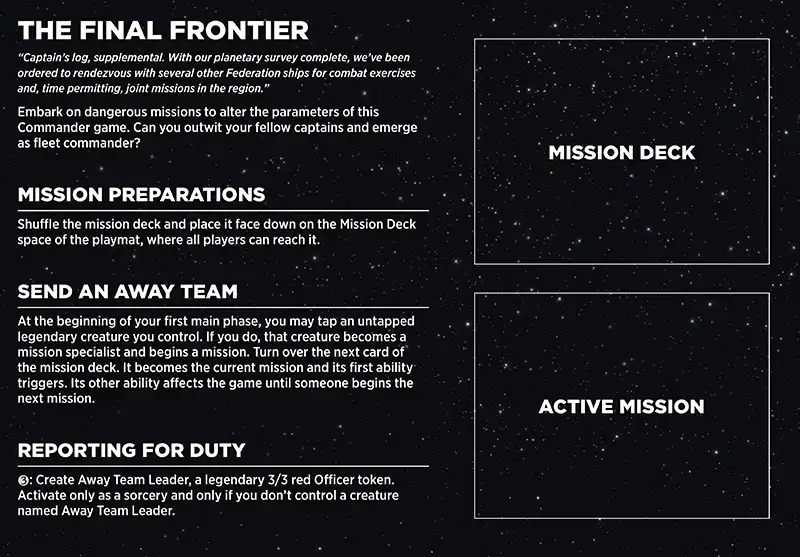 Commander Party play aid front that details special rules for the event
