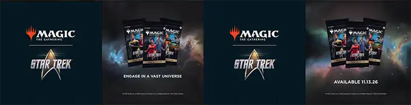 Unfolded display cube showing Play Boosters. Four panels alternate between the Magic: The Gathering and Star Trek logos and three Play Booster packs against a nebula, one with the tagline, Engage in a vast universe, and the other with Available 11.13.26.