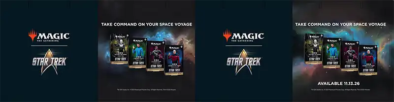 Unfolded display cube showing Commander Decks. Four panels alternate between the Magic: The Gathering and Star Trek logos and the four Commander Decks against a nebula under the headline, Take command on your space voyage, one panel adding Available 11.13.26.